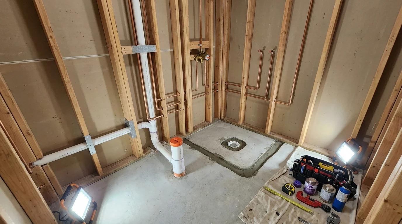 Bathroom rough-in plumbing during remodel by Johns Plumbing LLC in Grand Island