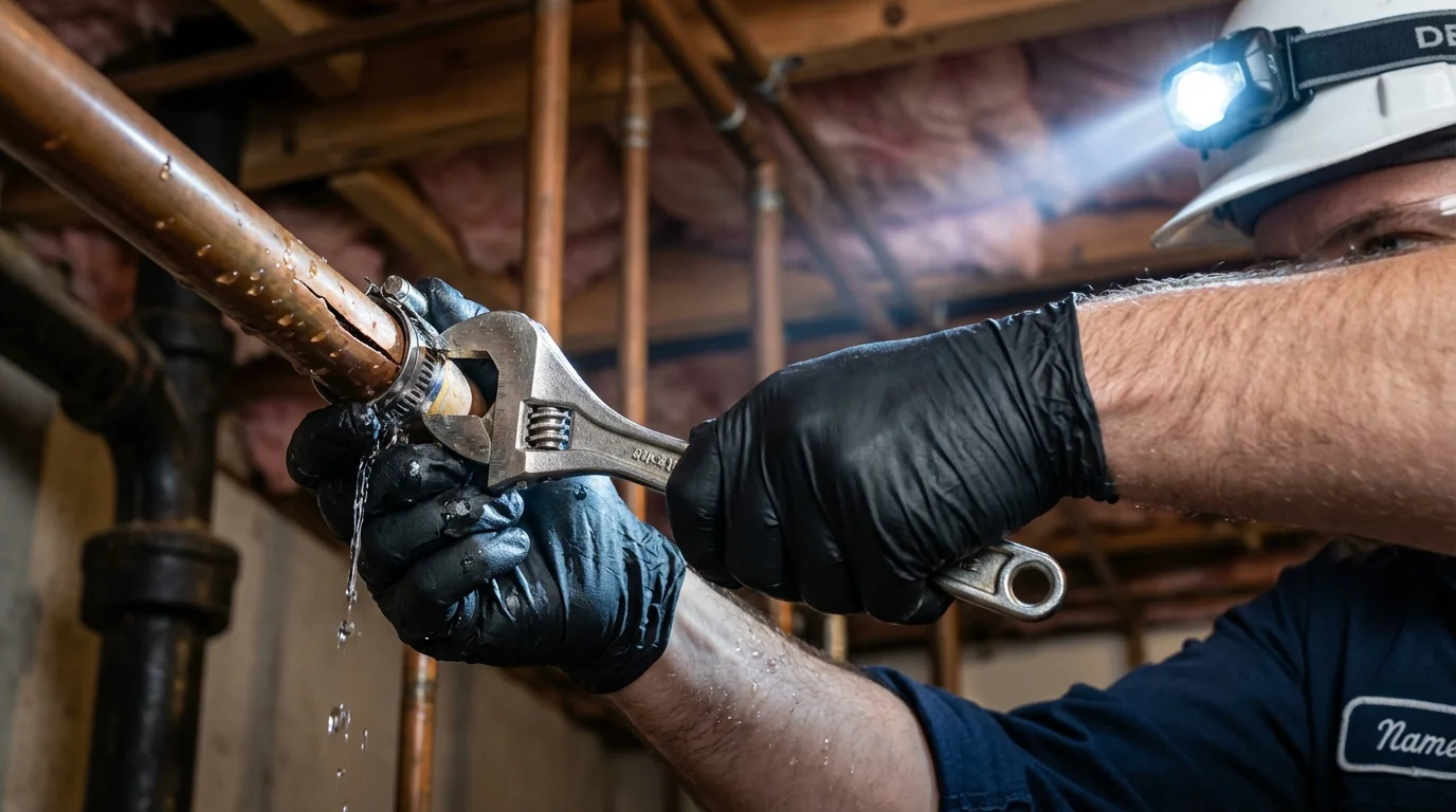 Emergency pipe clamp repair being performed by a Johns Plumbing LLC plumber in Grand Island