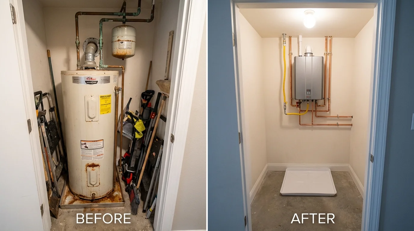 Tank water heater versus wall-mounted tankless unit comparison for Grand Island, NE homeowners