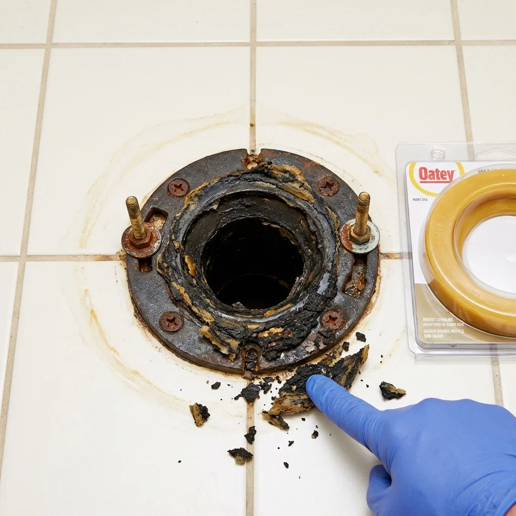Failed wax ring showing water seepage at the base of a toilet in a Grand Island, NE home