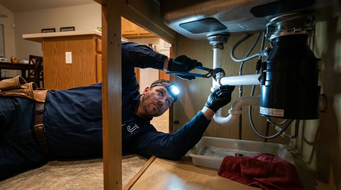 P-trap and supply line connections under a kitchen sink showing a common leak point in Grand Island, NE